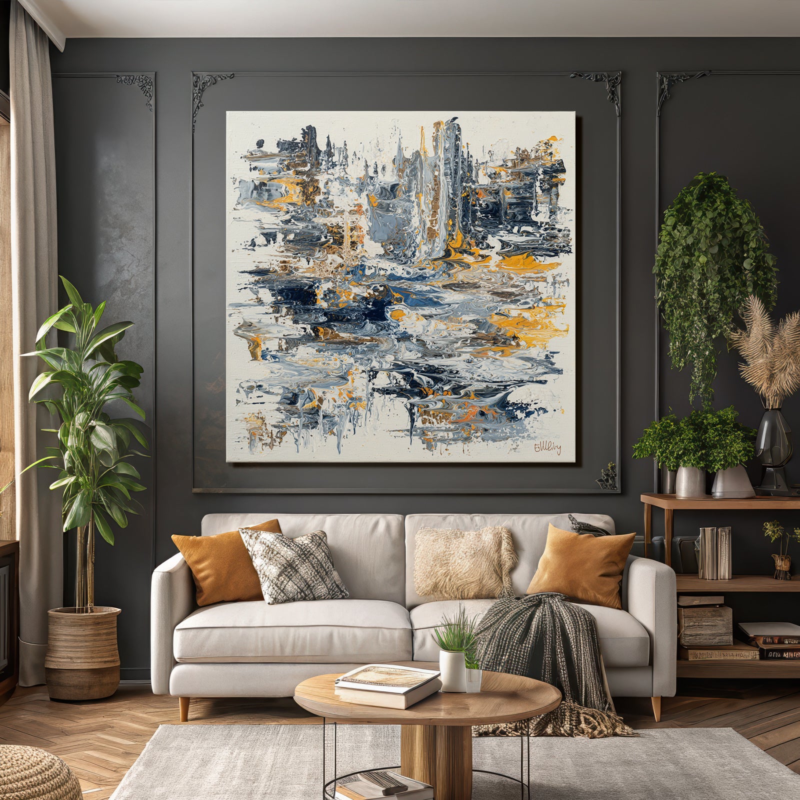Kunstwerk Blaü Graü Orange Wirbel