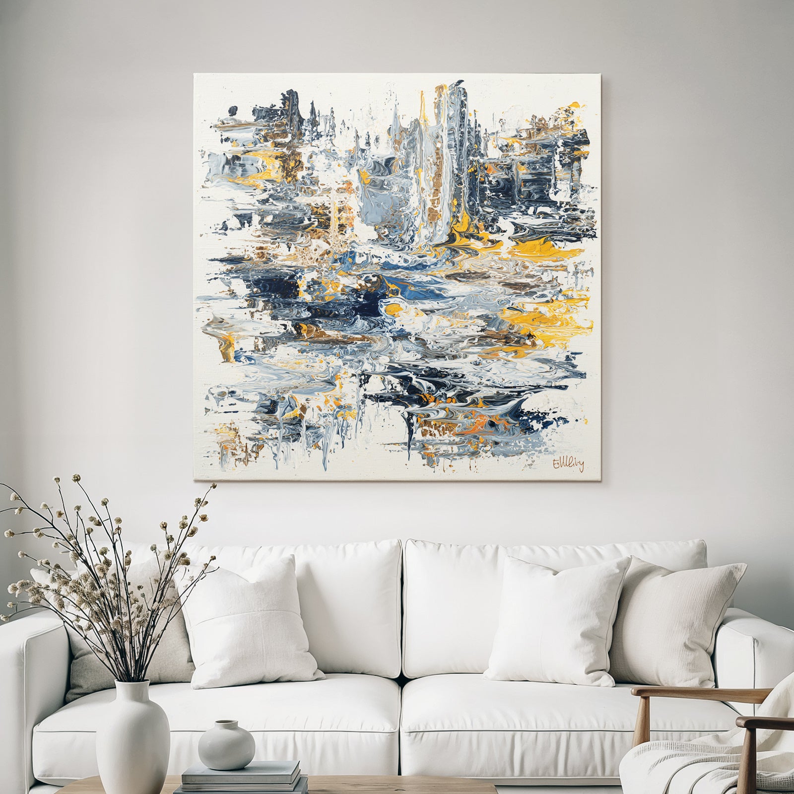 Kunstwerk Blaü Graü Orange Wirbel