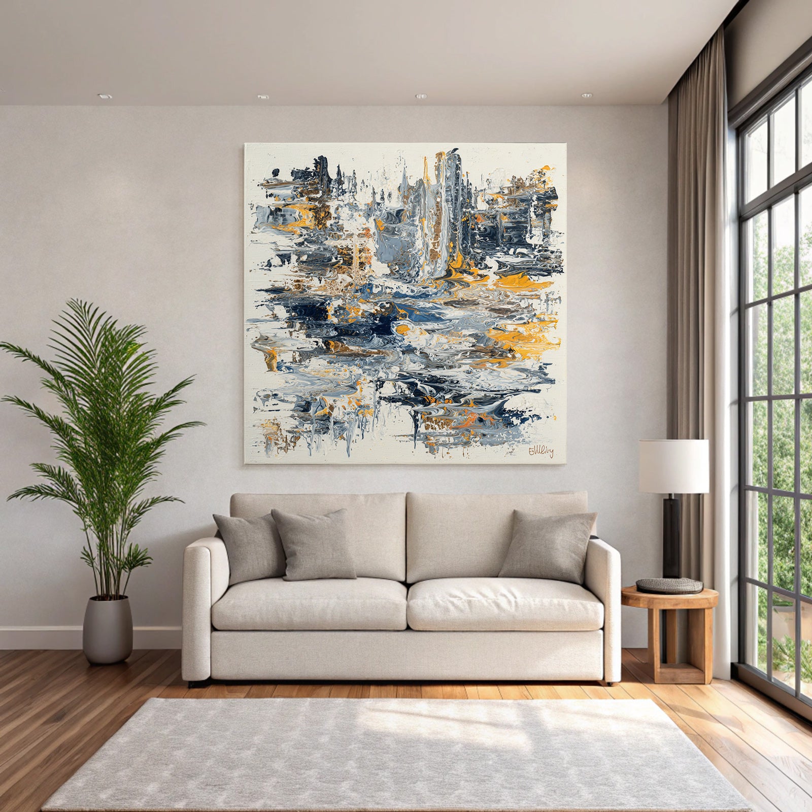 Kunstwerk Blaü Graü Orange Wirbel