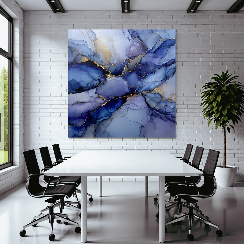 Artwork in blue and purple with gold accents