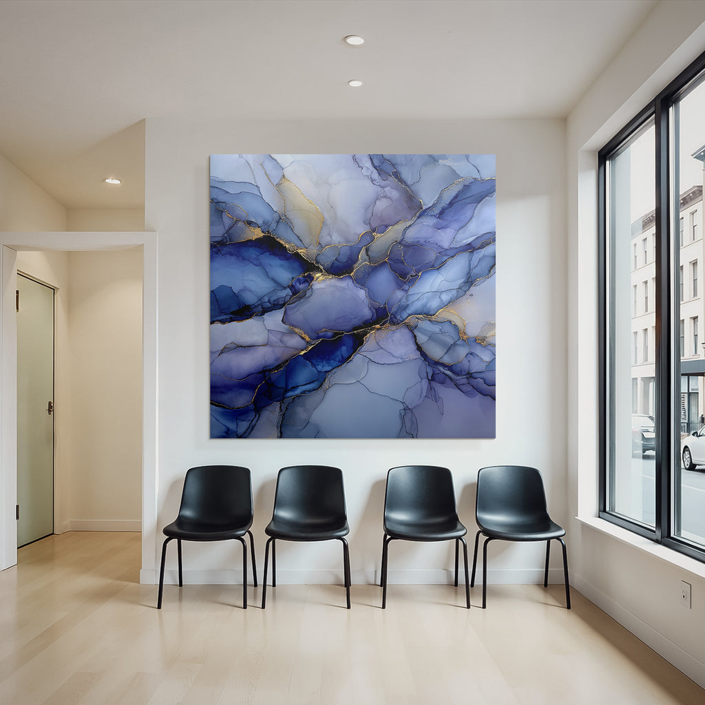 Artwork in blue and purple with gold accents