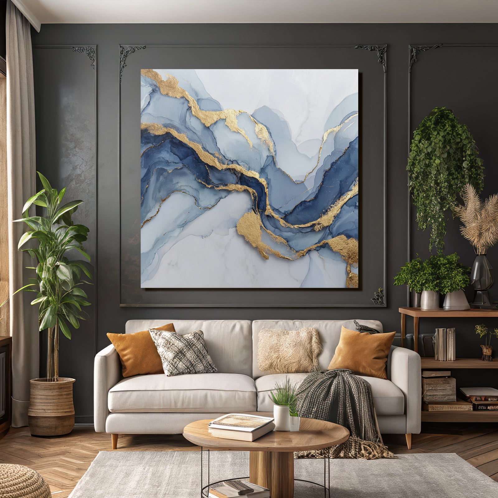 Moderne Kunst Blau Grau Gold