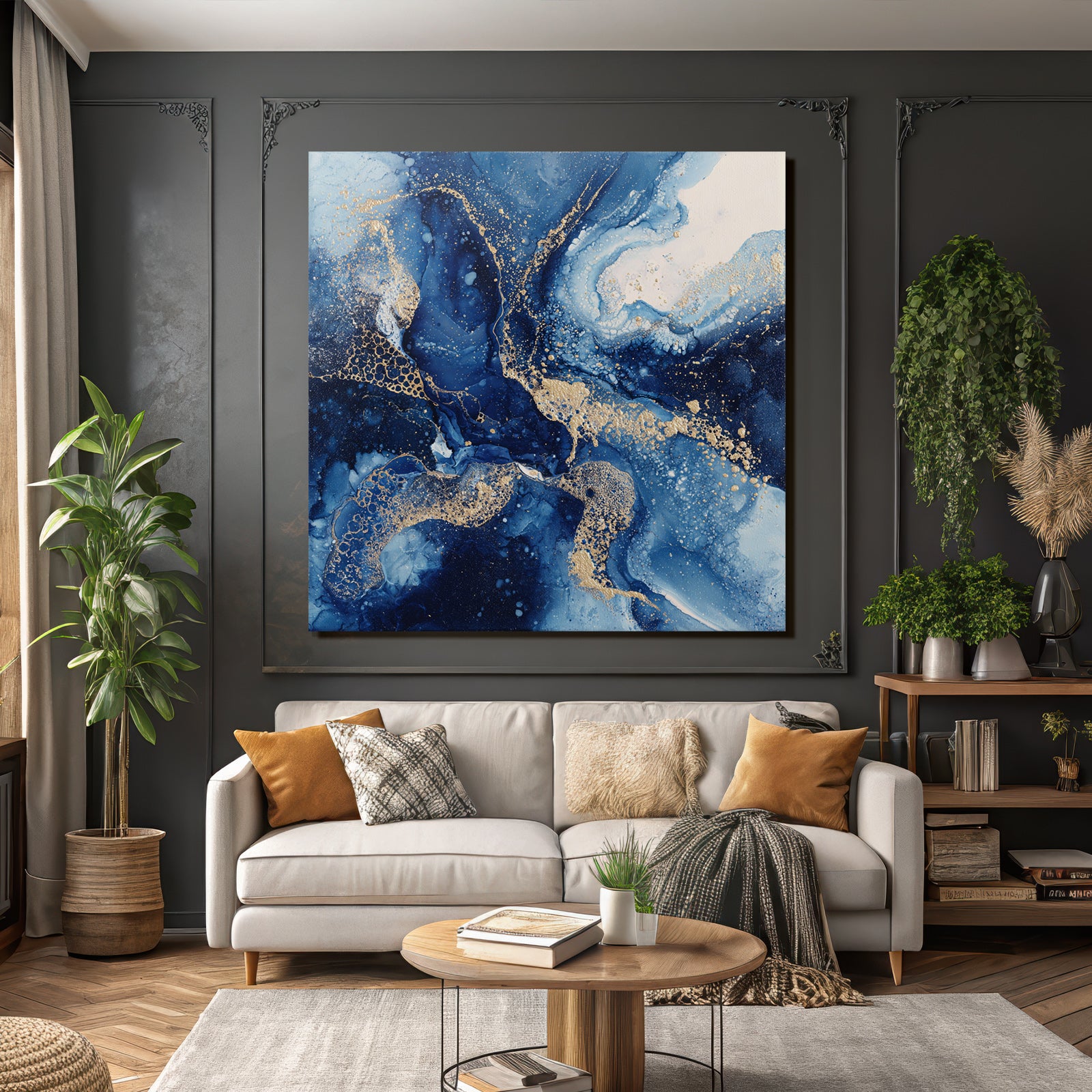 Tiefblau Goldakzent Mit Fluiden Kosmischen Elementen