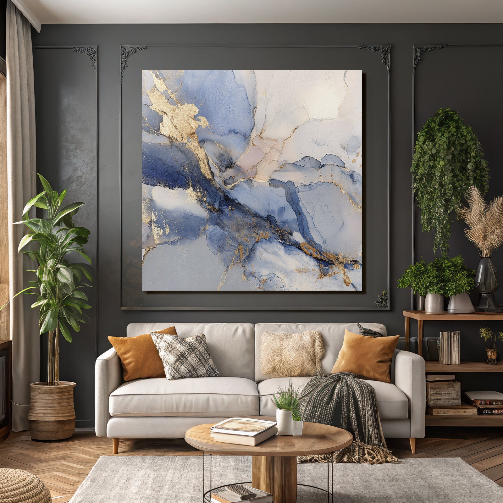 Wasserfarb Kunstwerk Mit Blau Weiss Gold