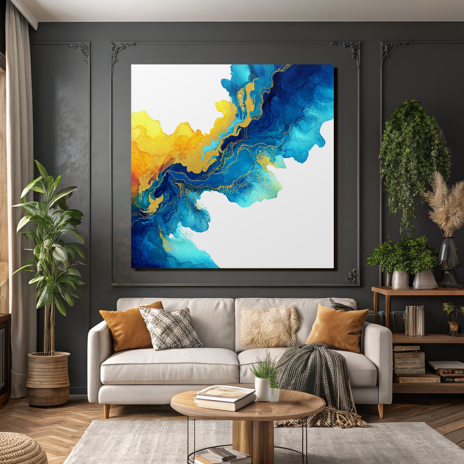 Wasserfarben Malerei In Blau Und Gold