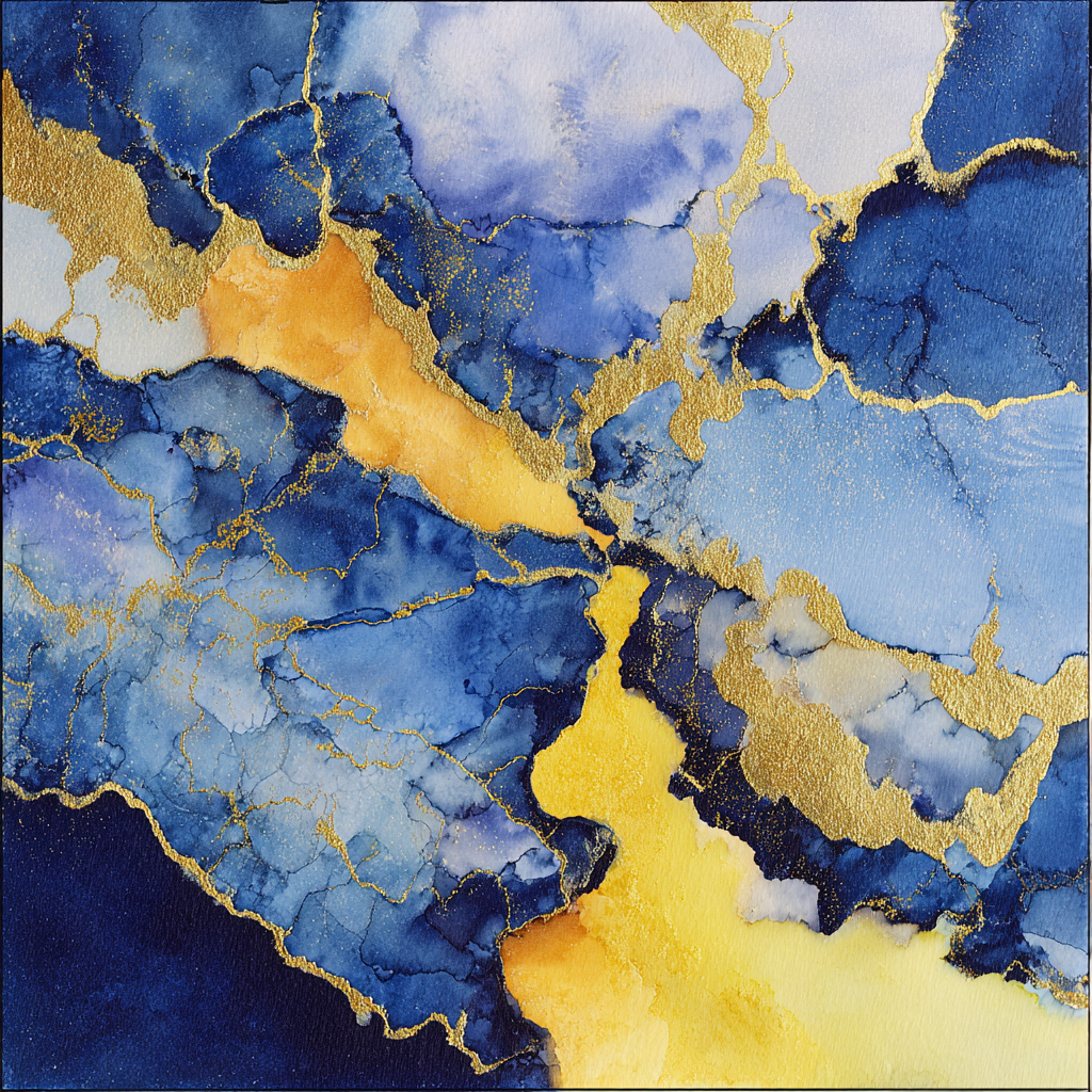 Wasserfarbenbild Mit Blau Und Gelb Goldlinien | Abstrakt | Stilrichtungen