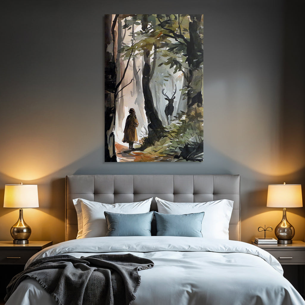 Waldszene Mit Figur Und Hirsch