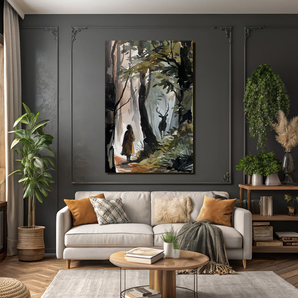 Waldszene Mit Figur Und Hirsch