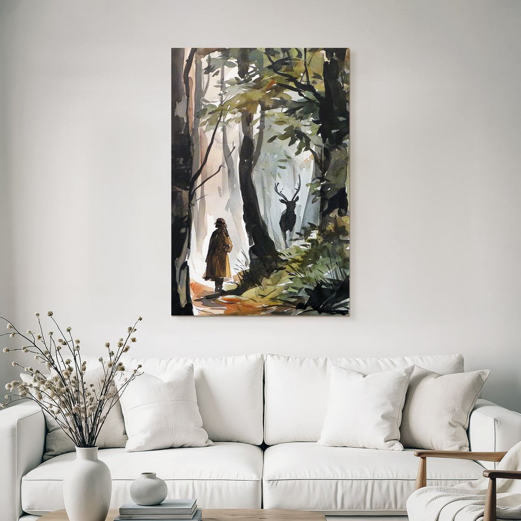 Waldszene Mit Figur Und Hirsch