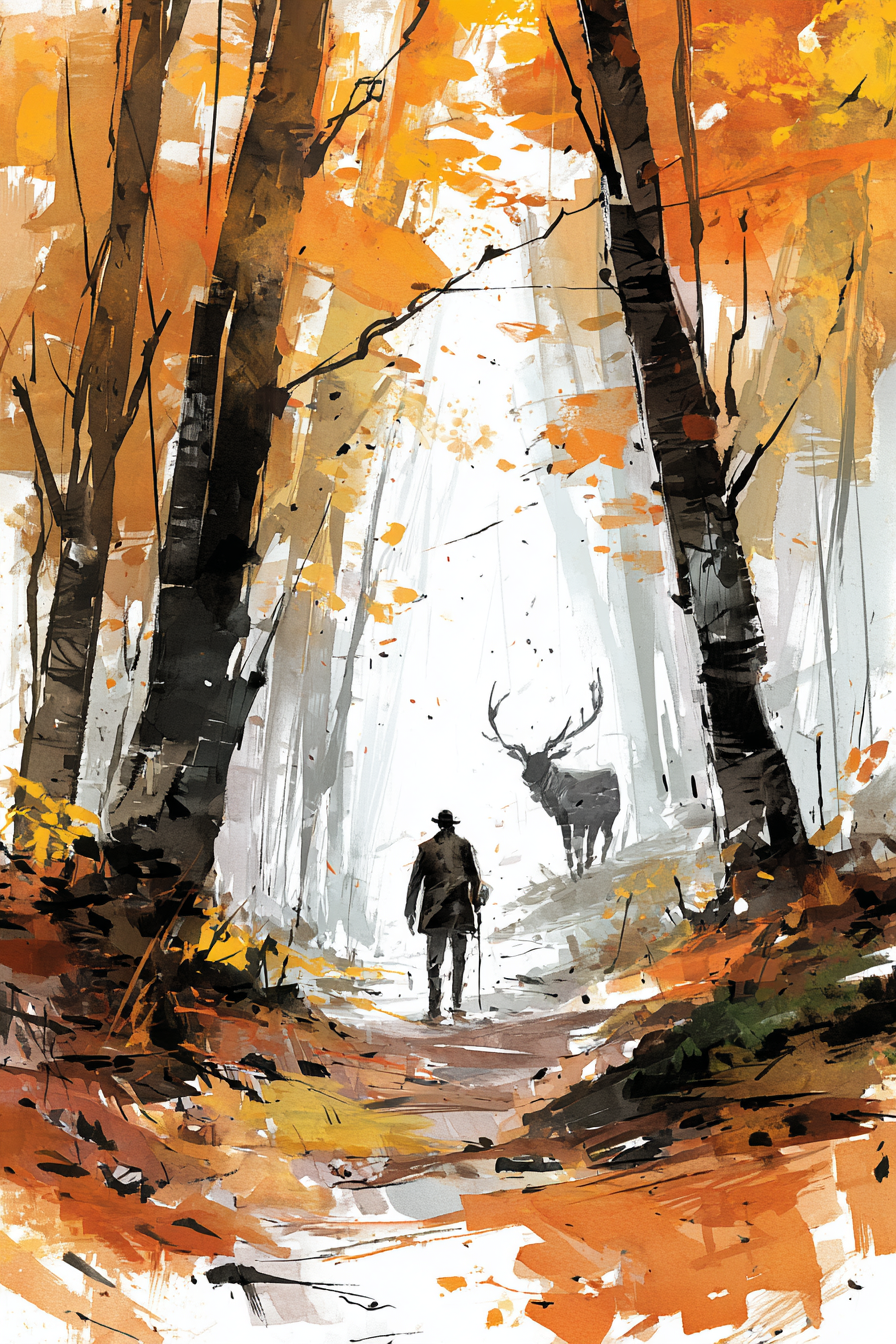 Herbstlicher Waldweg Mit Wanderer Und Hirsch | Alte und Neue Meister | Stilrichtungen