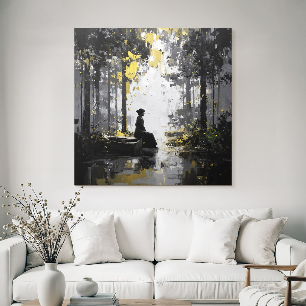 Einsame Figur Am Wasser Mit Boot Im Ruhigen Licht