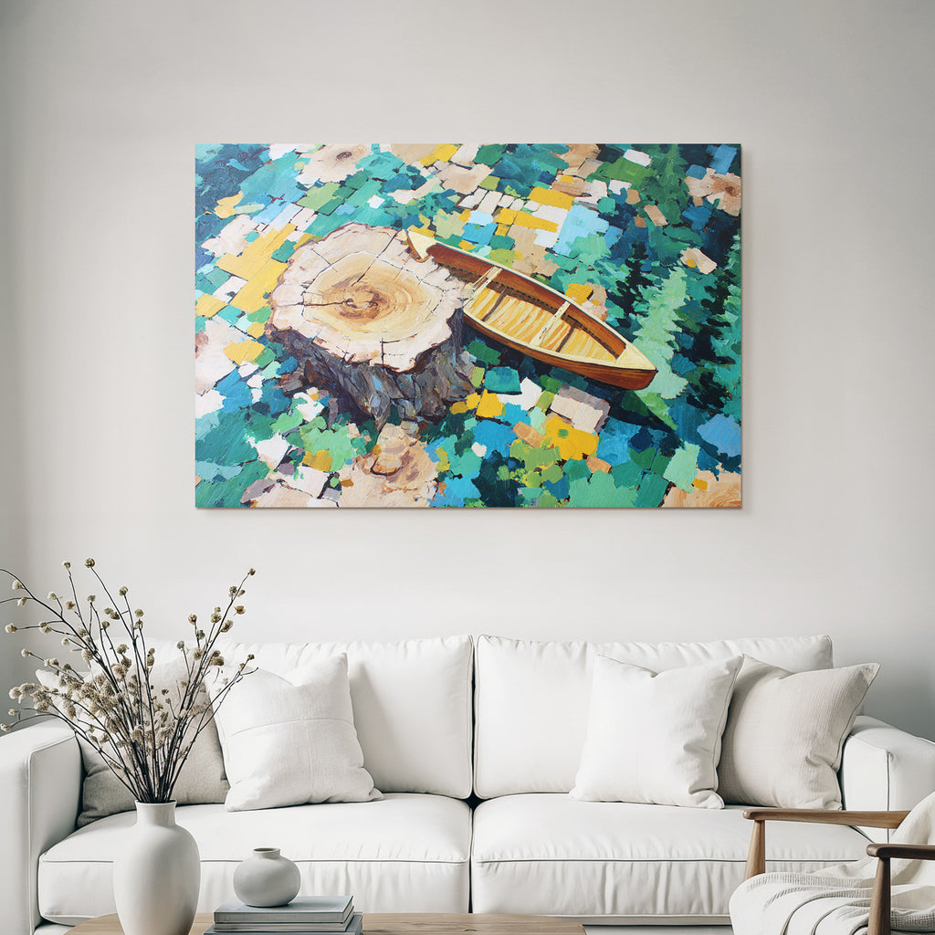 Buntes Wasserbild Mit Baumstamm Und Boot