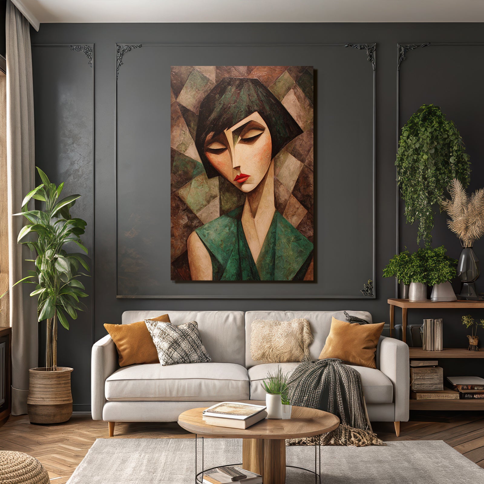 ArtDeco Abstrakte Fraünfigur Mit Geometrischen Formen Und Bunten Mustern