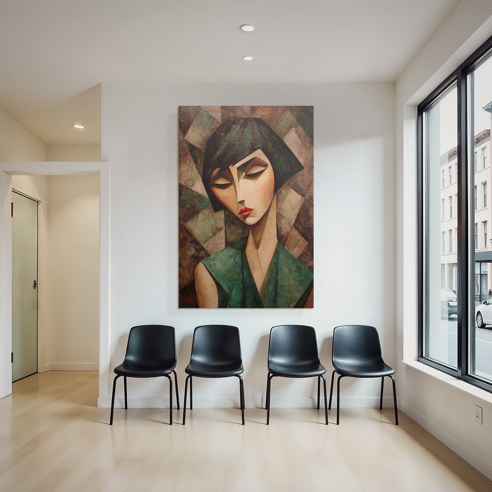 ArtDeco Abstrakte Fraünfigur Mit Geometrischen Formen Und Bunten Mustern