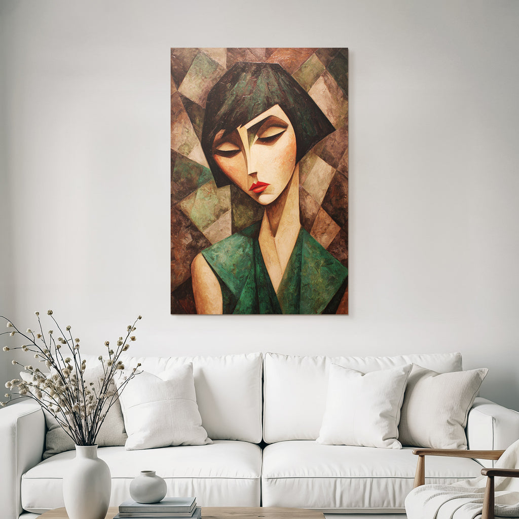 ArtDeco Abstrakte Fraünfigur Mit Geometrischen Formen Und Bunten Mustern
