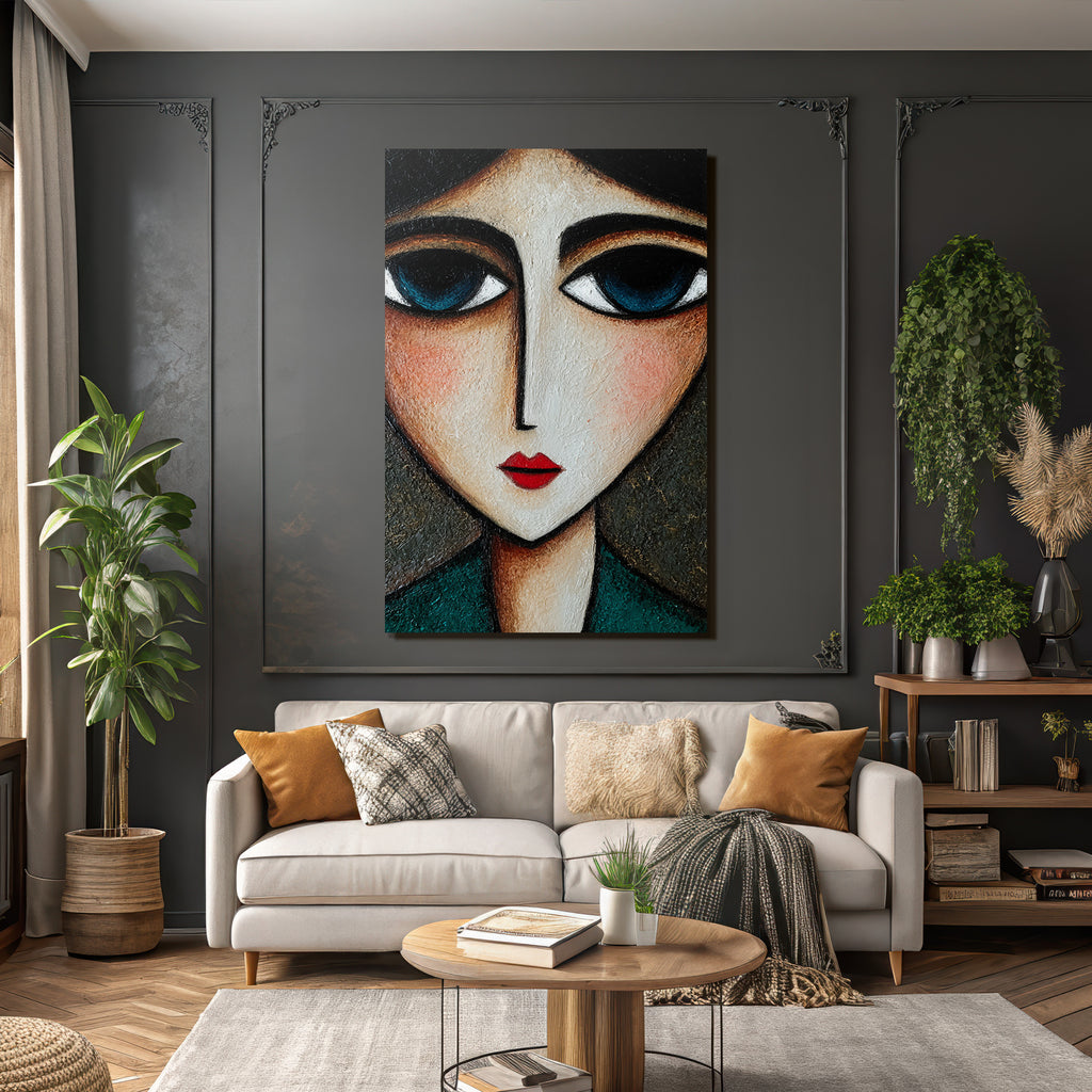 ArtDeco Abstrakte Fraünfigur Mit Grossen Augen Und Expressivem Gesicht