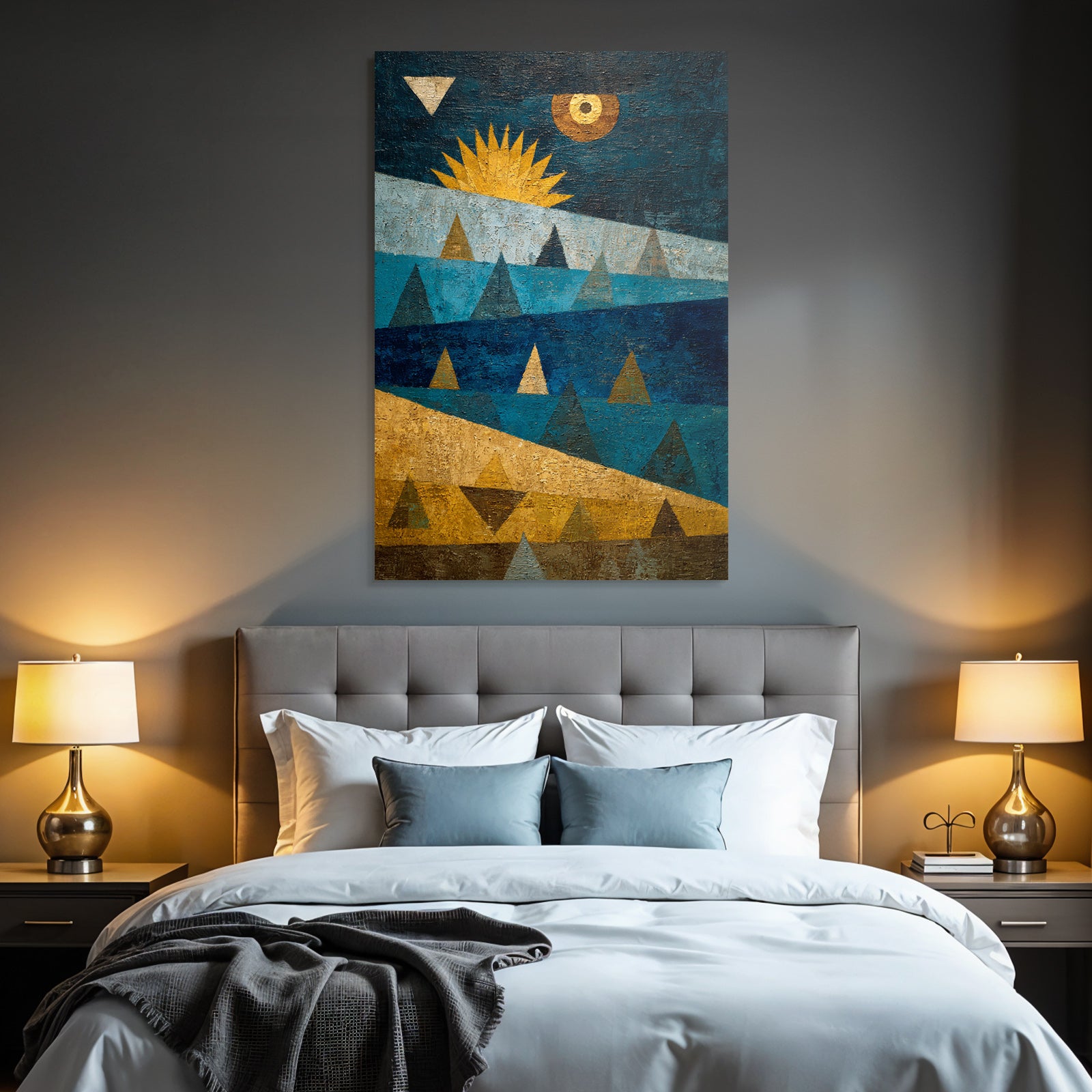 ArtDeco Abstrakte Landschaft Mit Dreiecken Und Sonne