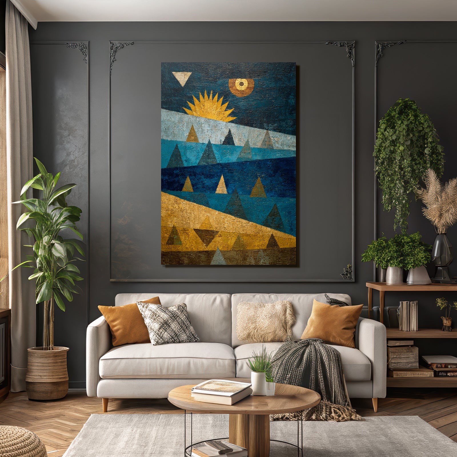 ArtDeco Abstrakte Landschaft Mit Dreiecken Und Sonne