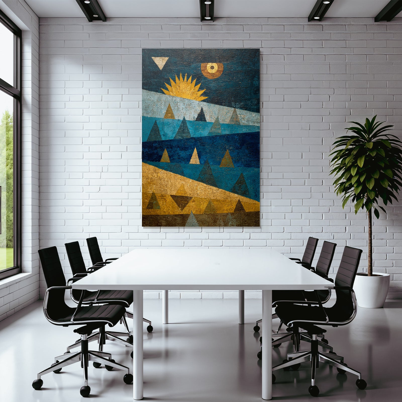 ArtDeco Abstrakte Landschaft Mit Dreiecken Und Sonne