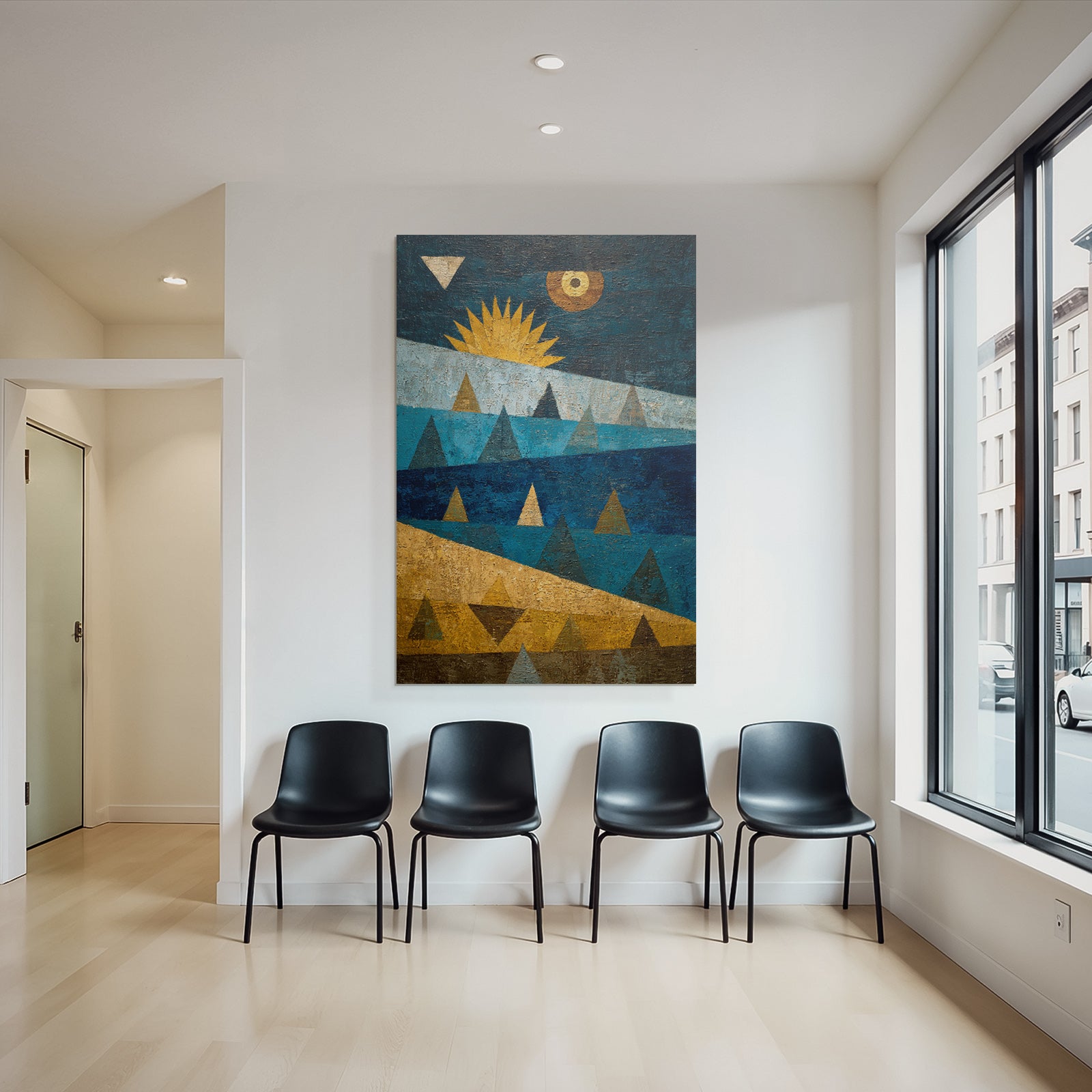 ArtDeco Abstrakte Landschaft Mit Dreiecken Und Sonne