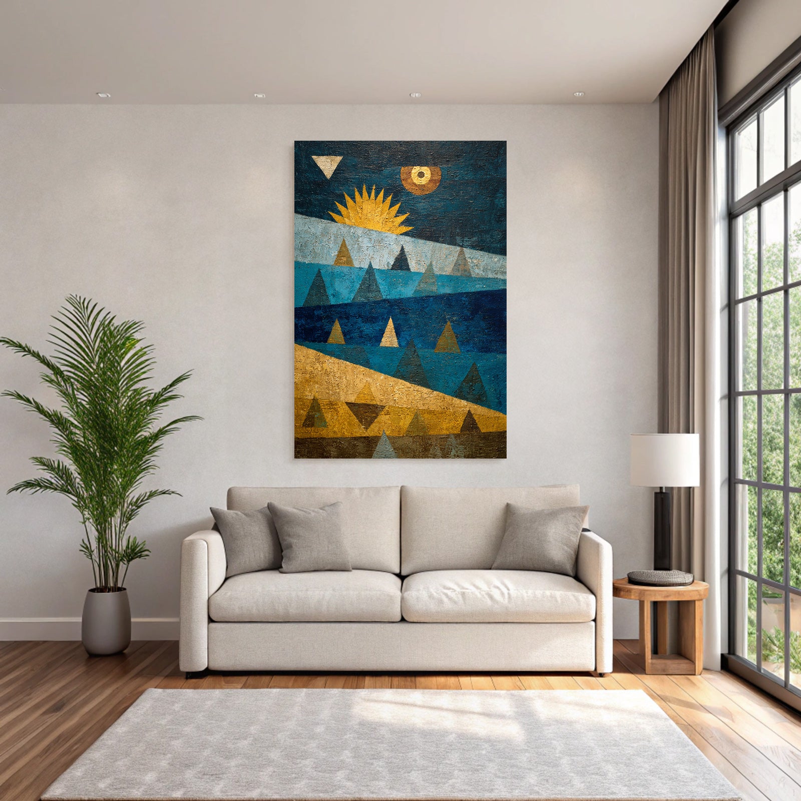 ArtDeco Abstrakte Landschaft Mit Dreiecken Und Sonne