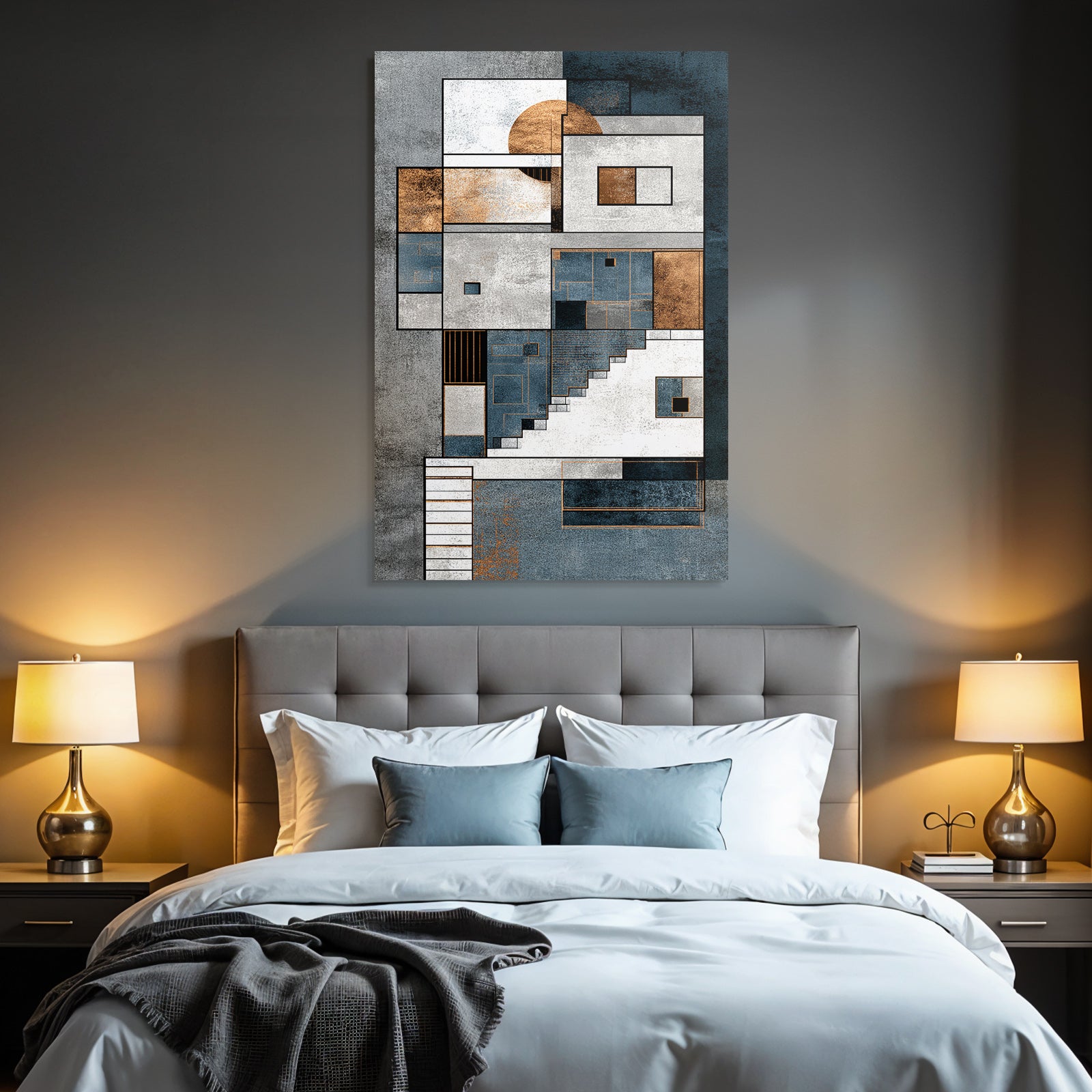 ArtDeco Abstraktes Geometrisches Kunstwerk Blau Weiss Kupfer