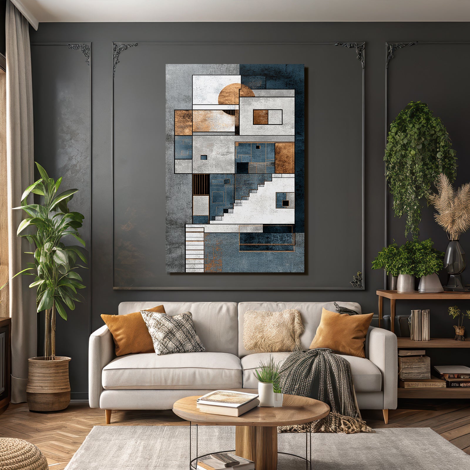 ArtDeco Abstraktes Geometrisches Kunstwerk Blau Weiss Kupfer