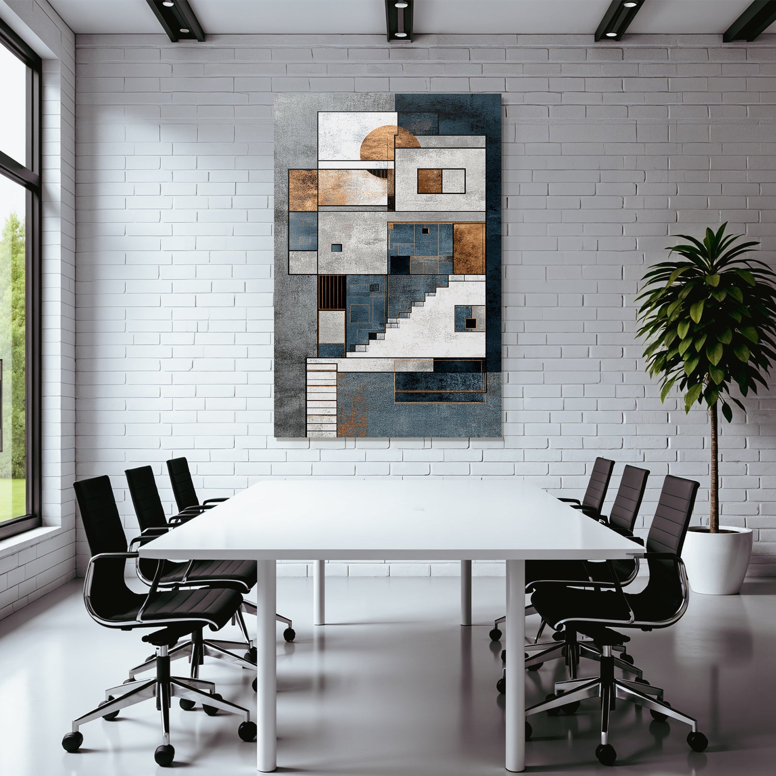 ArtDeco Abstraktes Geometrisches Kunstwerk Blau Weiss Kupfer