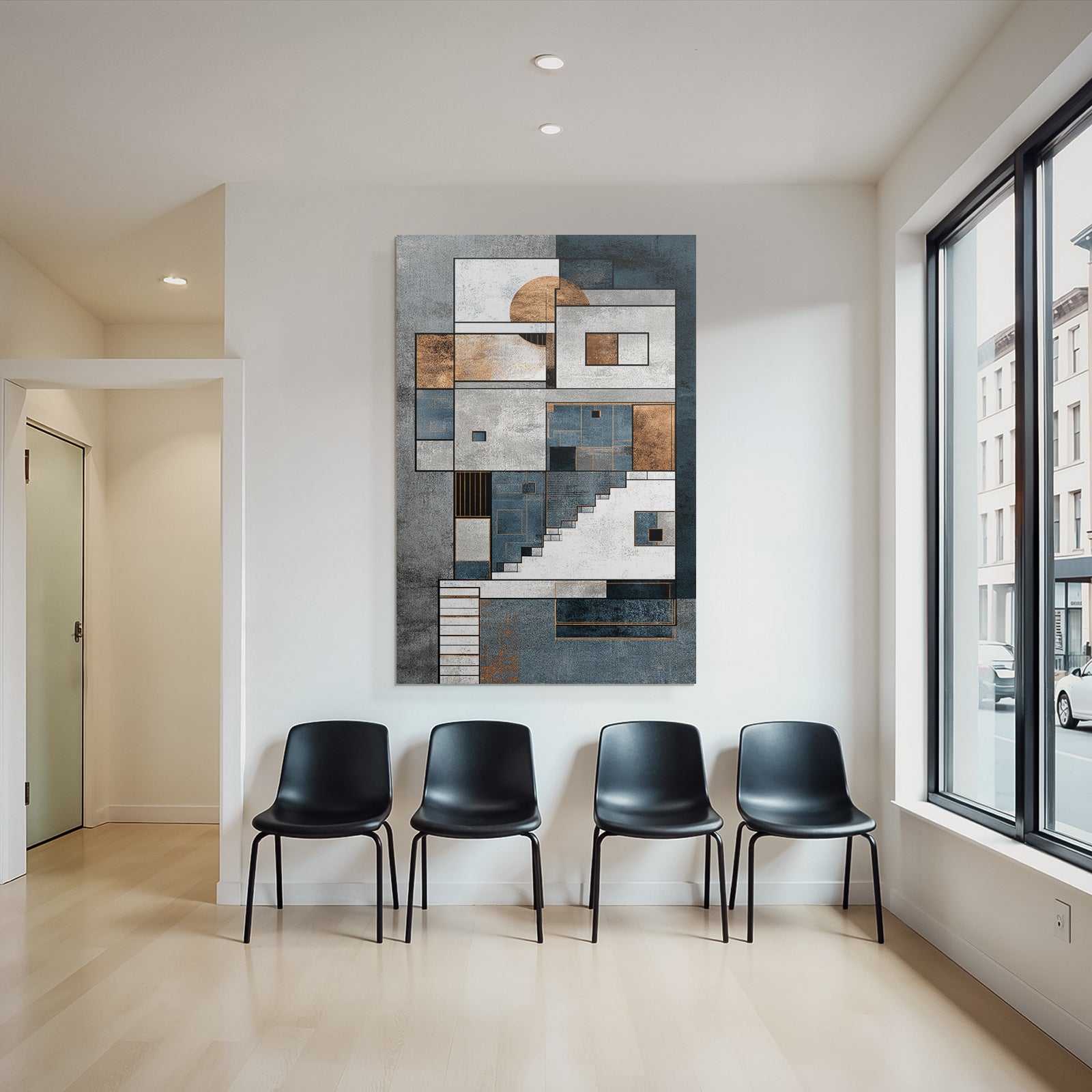 ArtDeco Abstraktes Geometrisches Kunstwerk Blau Weiss Kupfer