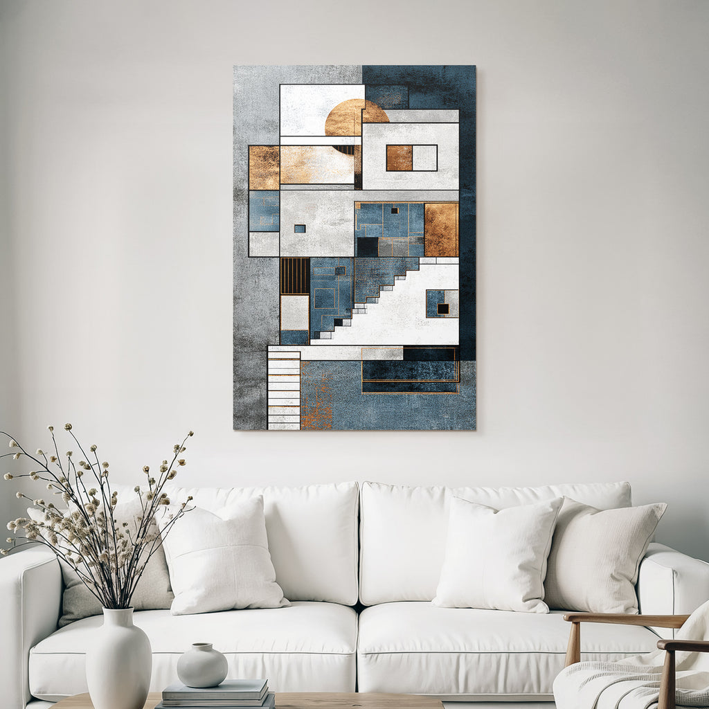 ArtDeco Abstraktes Geometrisches Kunstwerk Blau Weiss Kupfer