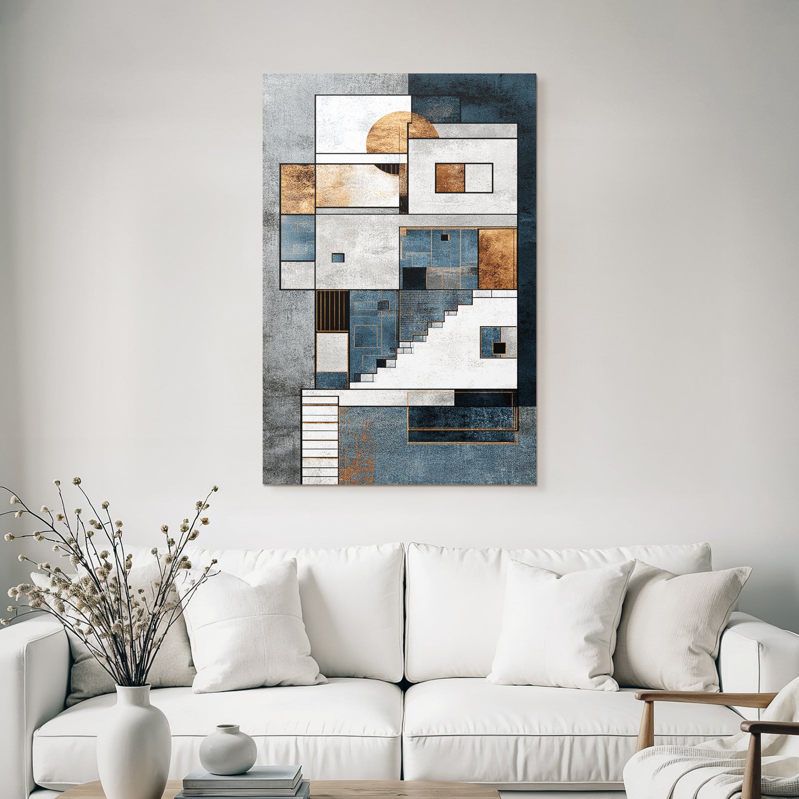 ArtDeco Abstraktes Geometrisches Kunstwerk Blau Weiss Kupfer