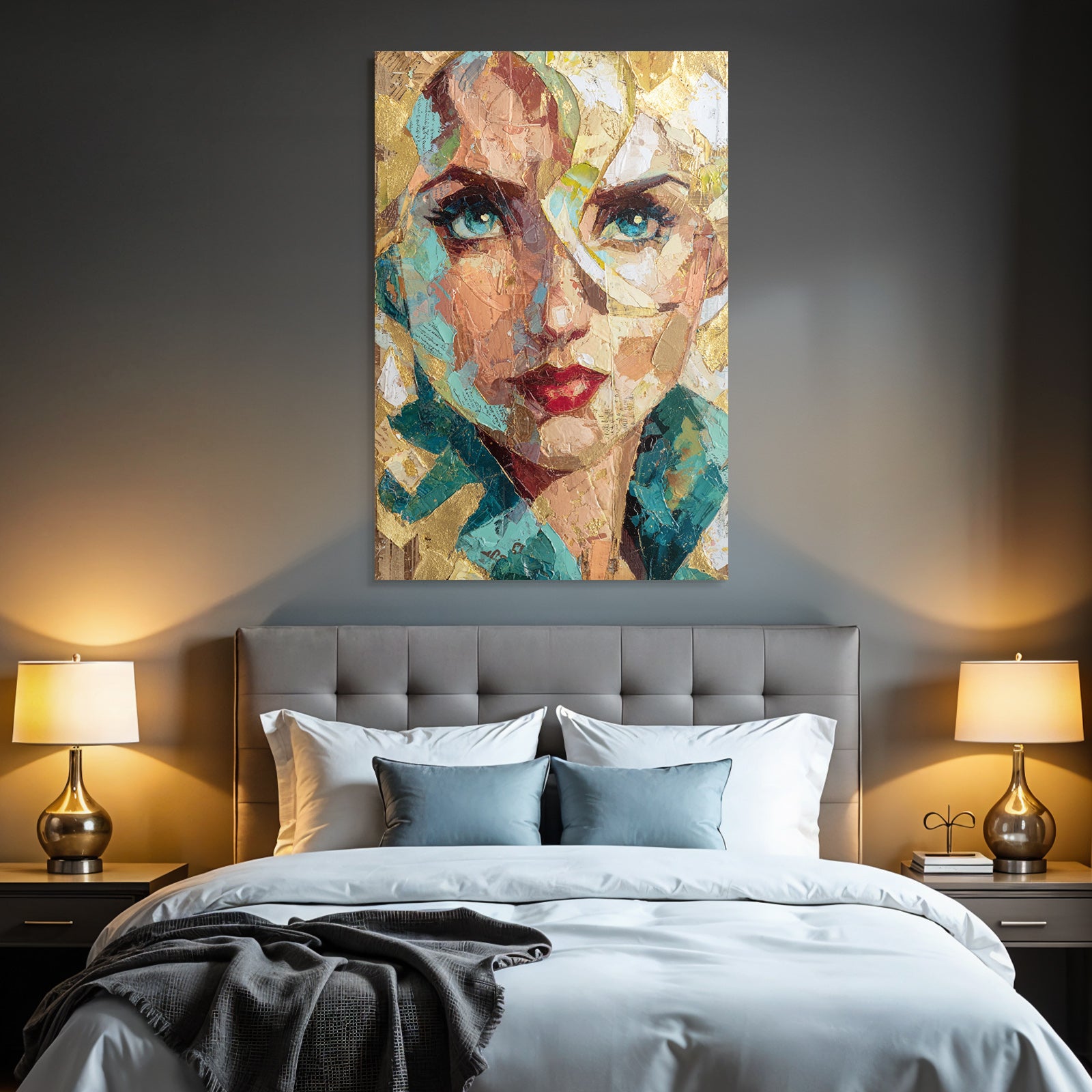 ArtDeco Ausdrucksstarkes Kunstportrait Einer Frau Mit Goldakzenten