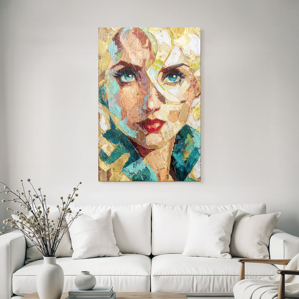 ArtDeco Ausdrucksstarkes Kunstportrait Einer Frau Mit Goldakzenten