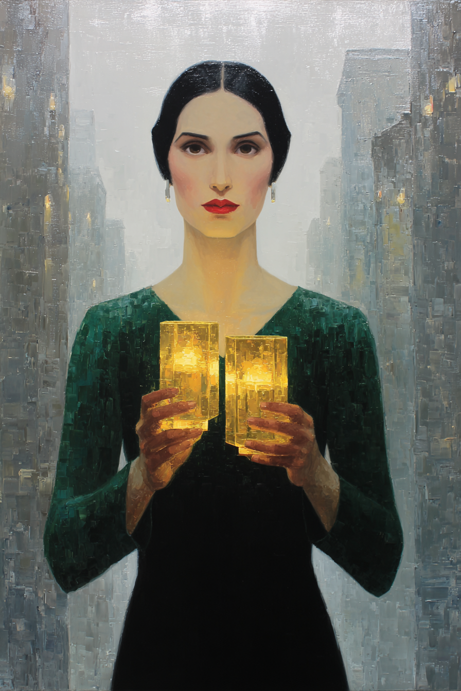 ArtDeco Frau Halte Zwei Leuchtende Objekte In Urbaner Szenerie Mit Grünem Kleid | Art Deco | Stilrichtungen
