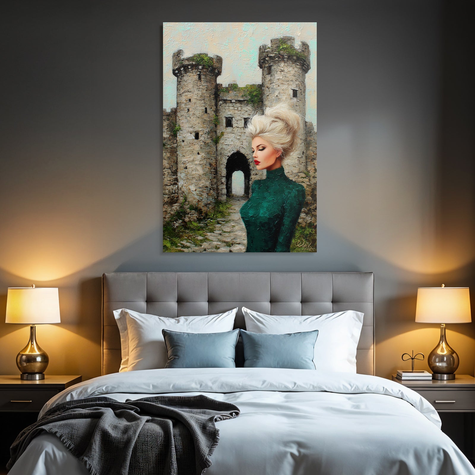 ArtDeco Frau In Grüner Kleidung Vor Romantischer Burg Impressionistisch