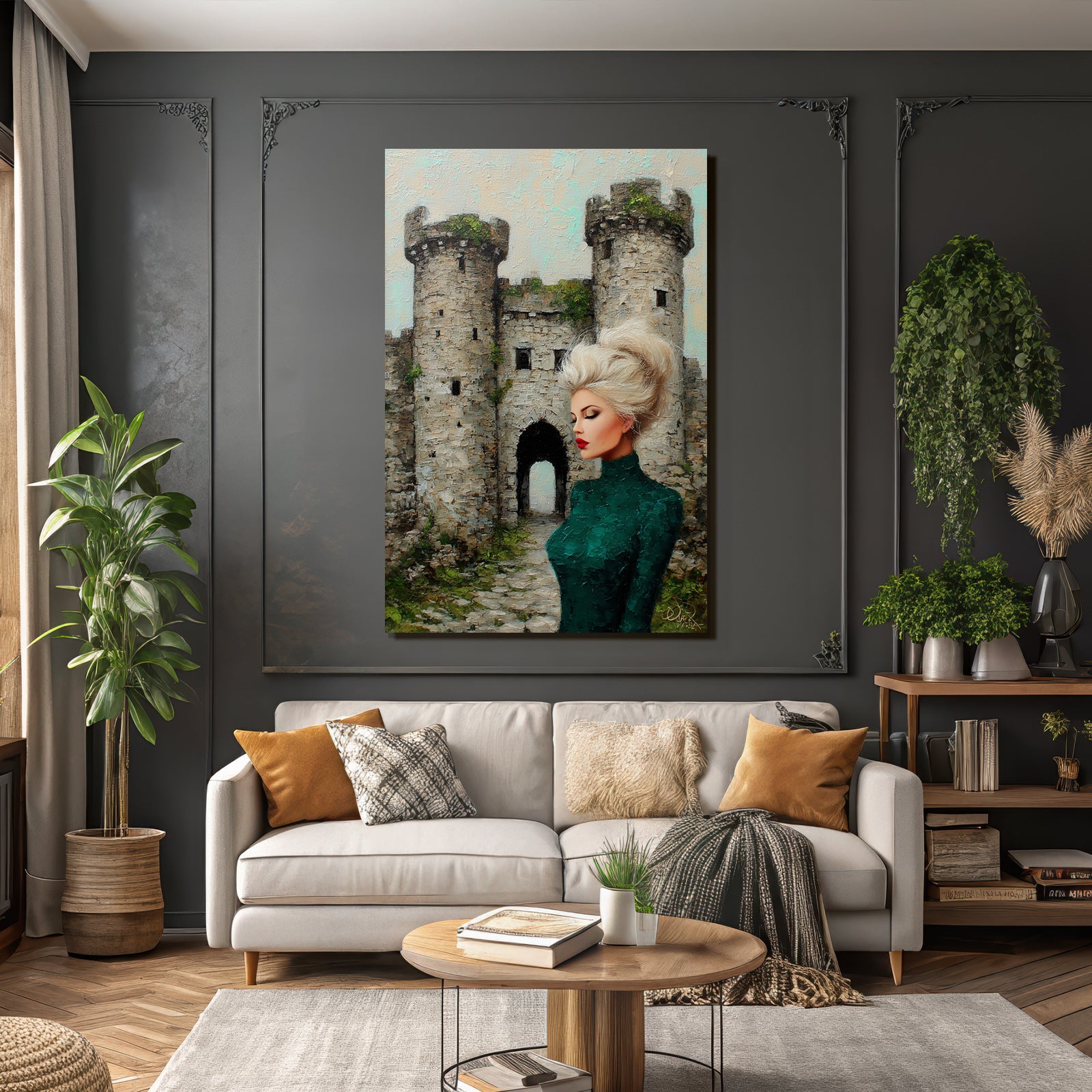 ArtDeco Frau In Grüner Kleidung Vor Romantischer Burg Impressionistisch