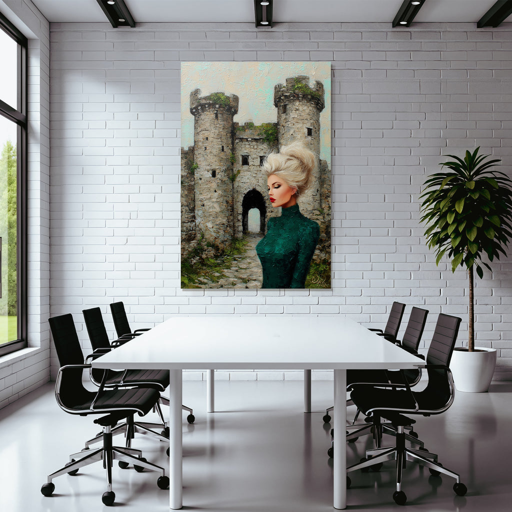 ArtDeco Frau In Grüner Kleidung Vor Romantischer Burg Impressionistisch