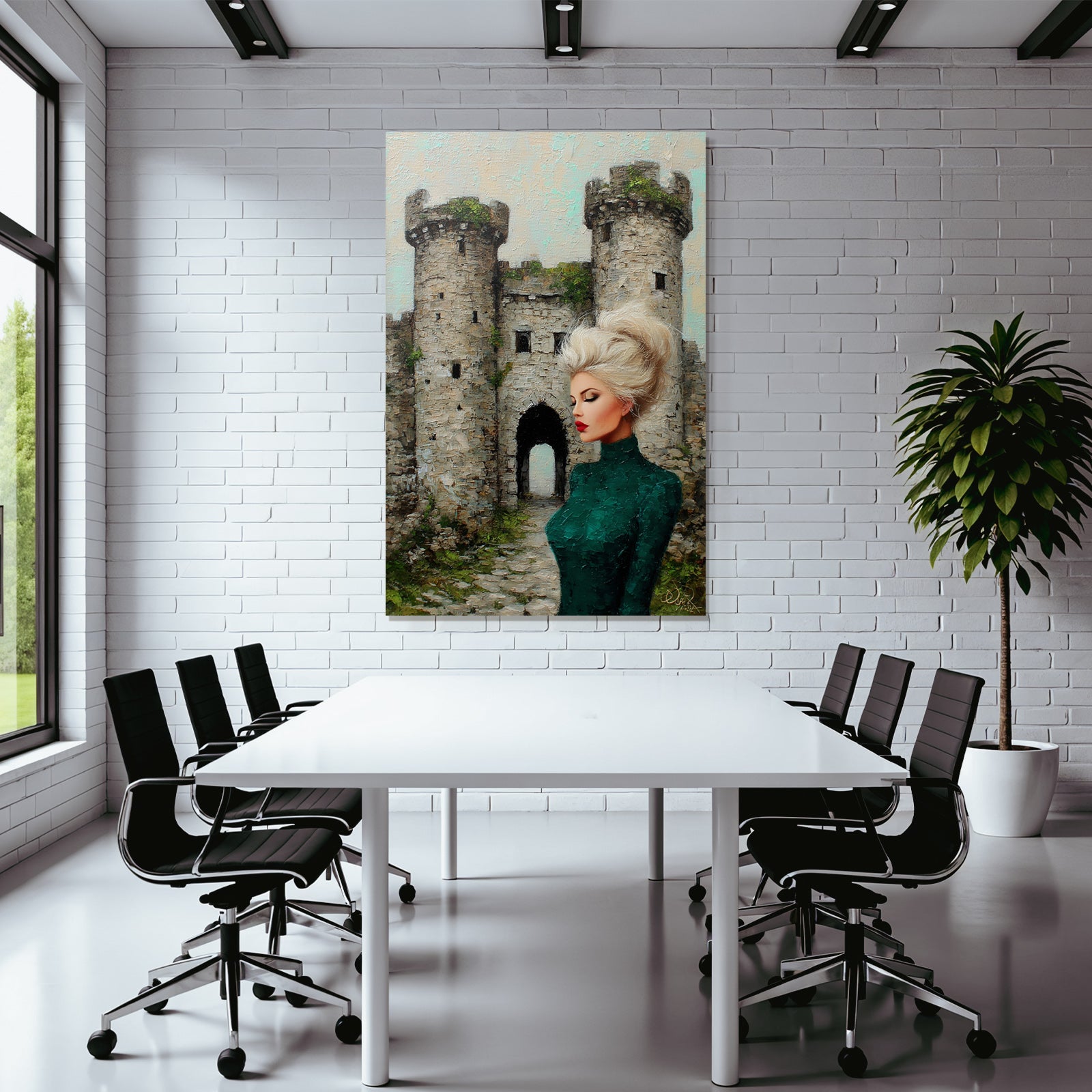ArtDeco Frau In Grüner Kleidung Vor Romantischer Burg Impressionistisch