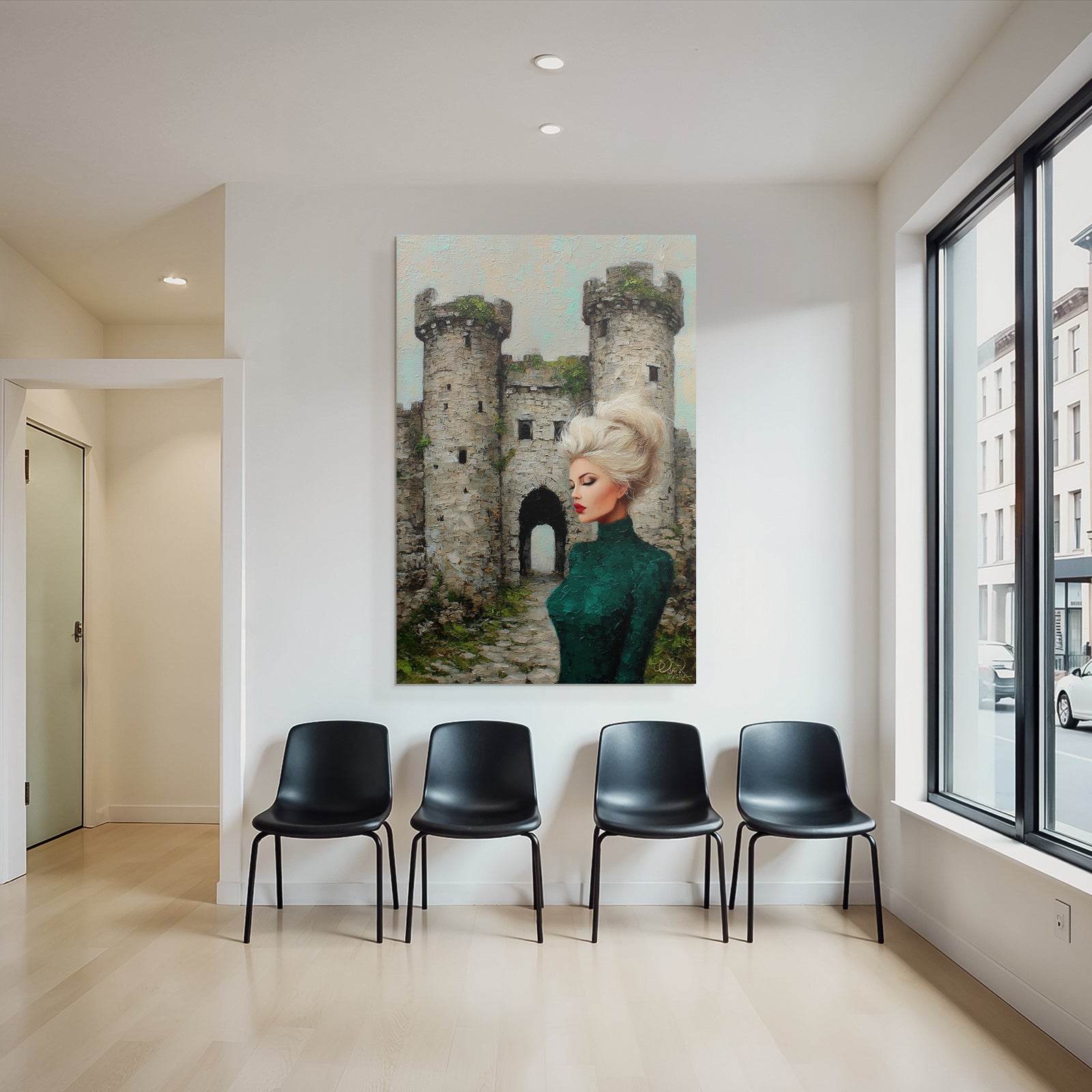 ArtDeco Frau In Grüner Kleidung Vor Romantischer Burg Impressionistisch