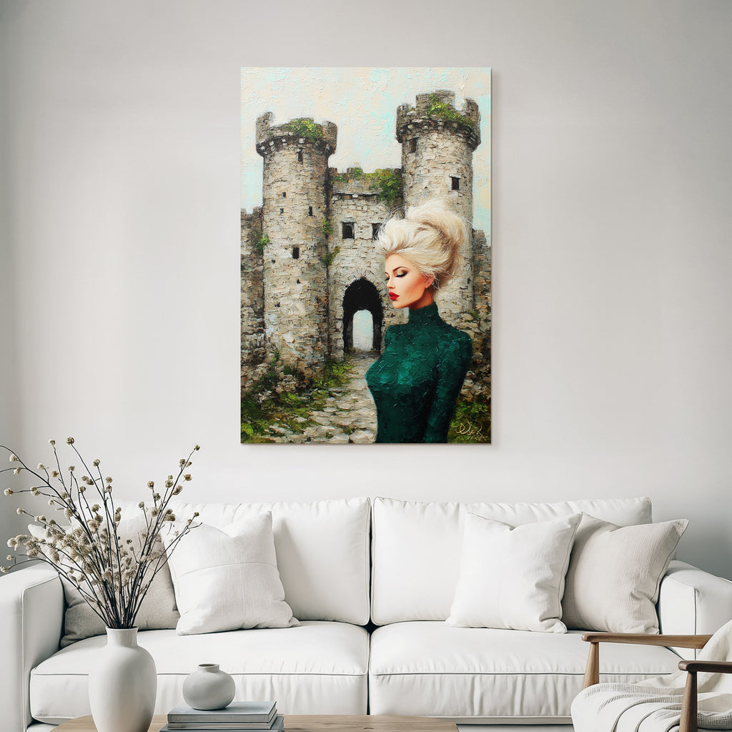 ArtDeco Frau In Grüner Kleidung Vor Romantischer Burg Impressionistisch