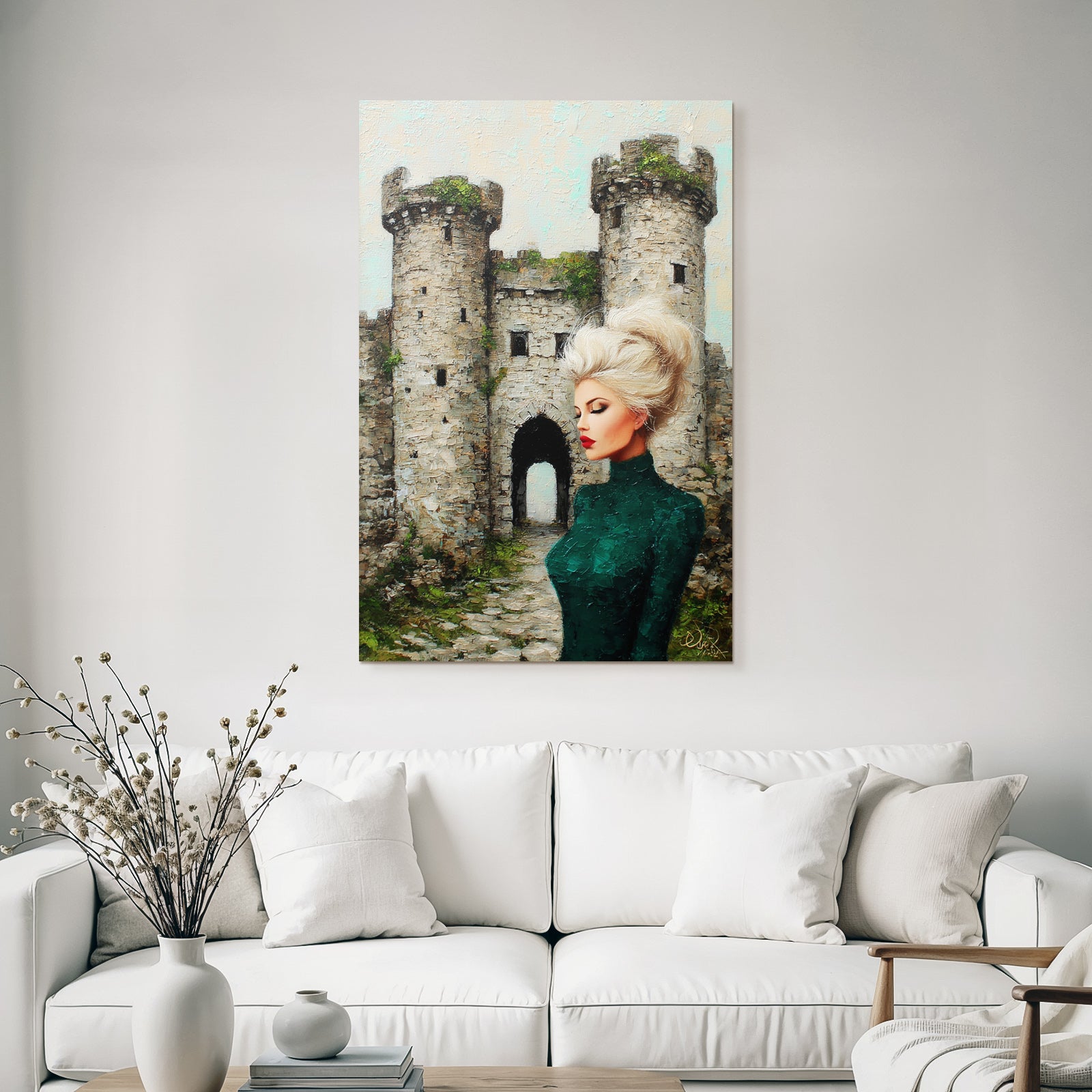 ArtDeco Frau In Grüner Kleidung Vor Romantischer Burg Impressionistisch