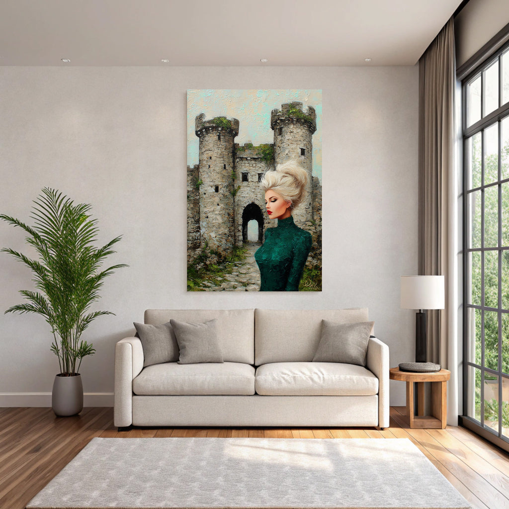 ArtDeco Frau In Grüner Kleidung Vor Romantischer Burg Impressionistisch