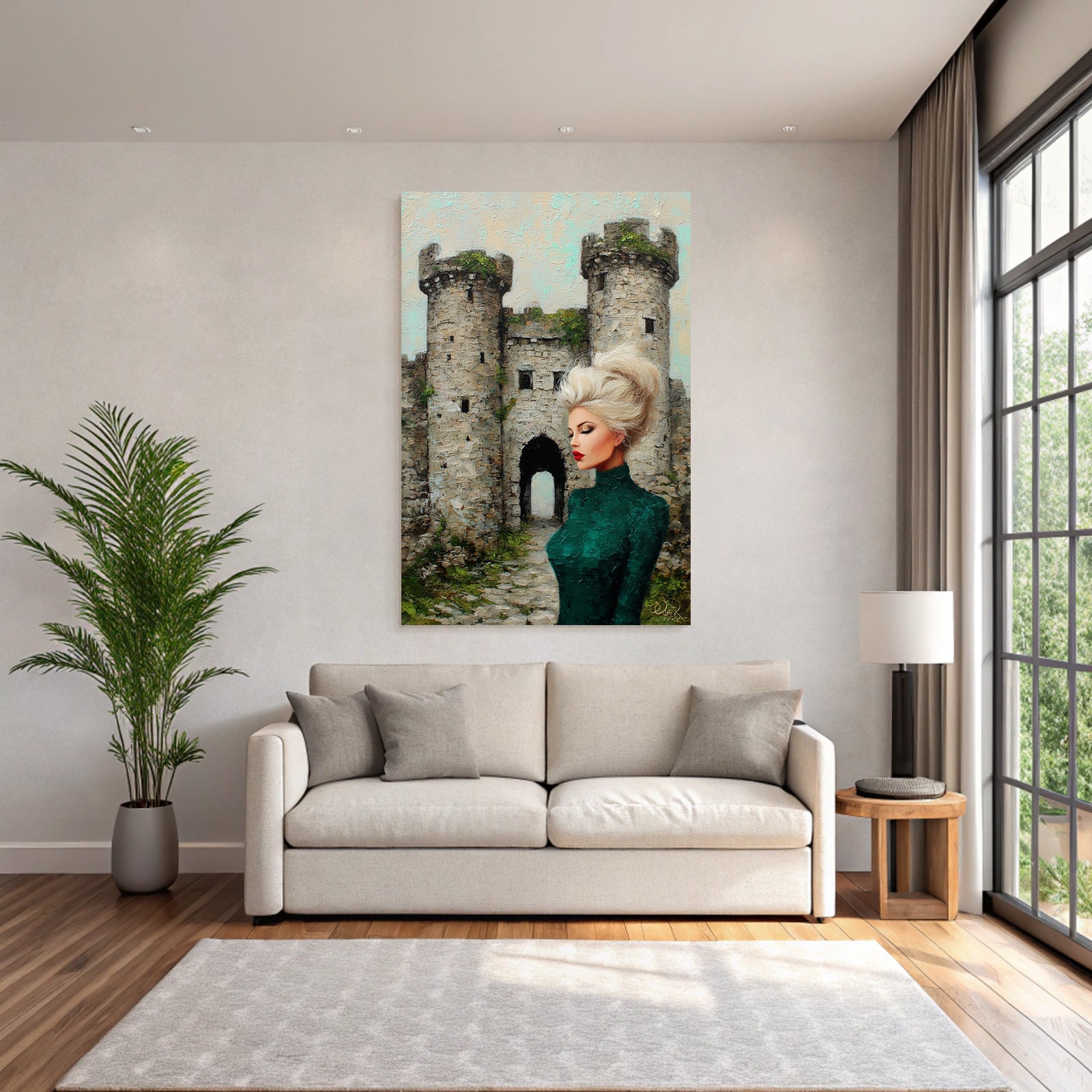 ArtDeco Frau In Grüner Kleidung Vor Romantischer Burg Impressionistisch
