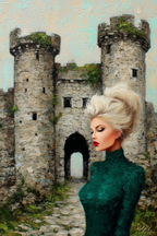 ArtDeco Frau In Grüner Kleidung Vor Romantischer Burg Impressionistisch | Art Deco | Stilrichtungen