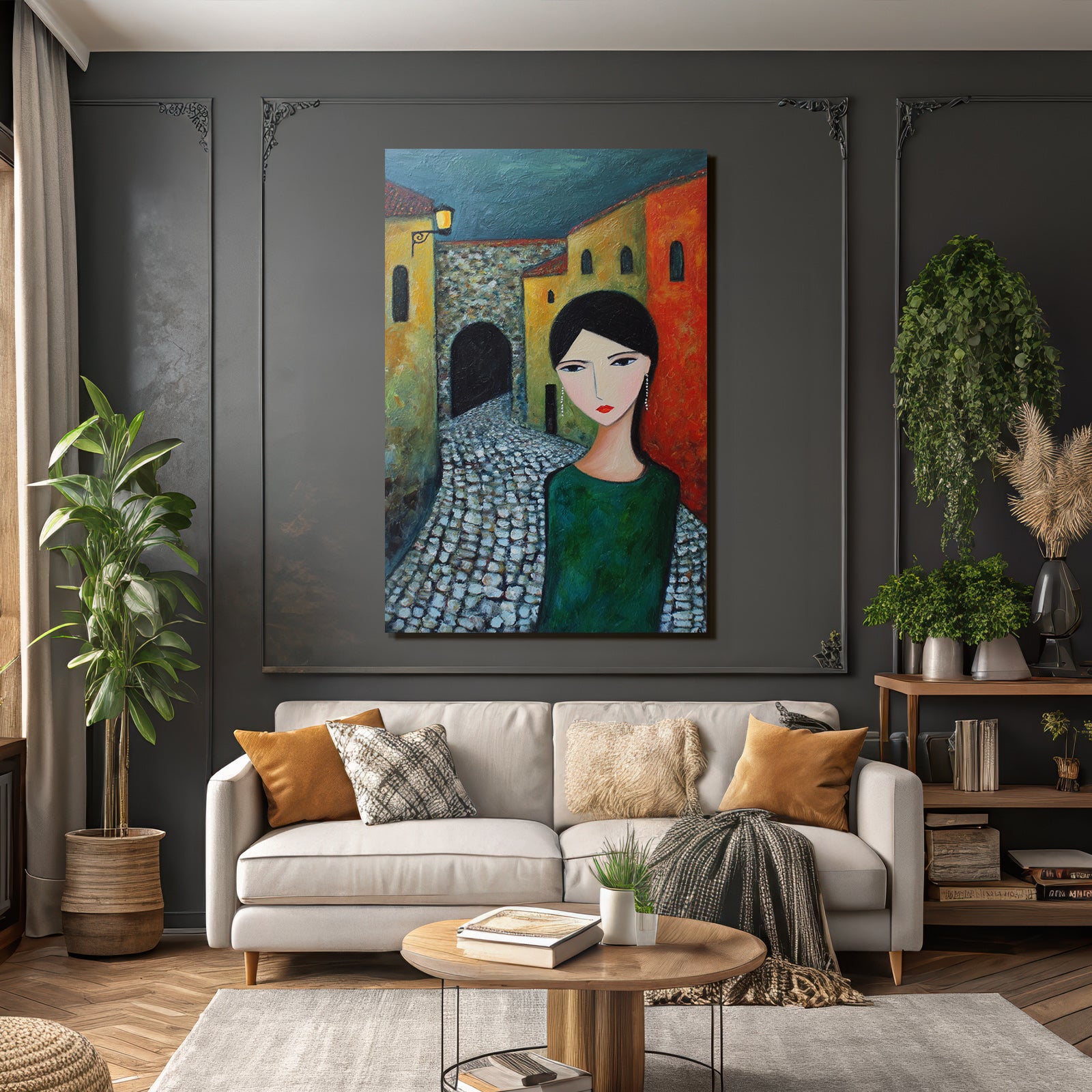ArtDeco Frau Mit Distinktivem Kunststil Vor Bunten Gässchen