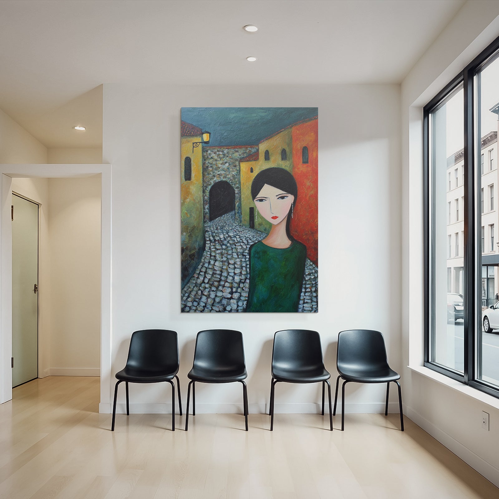 ArtDeco Frau Mit Distinktivem Kunststil Vor Bunten Gässchen