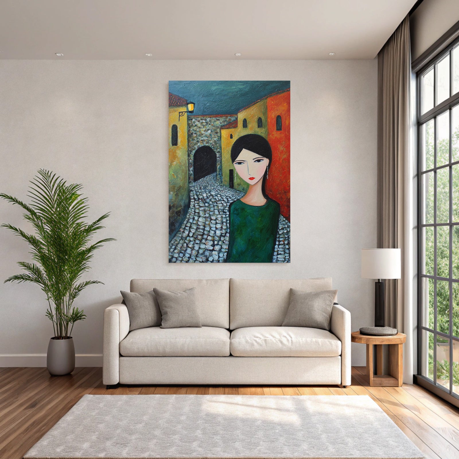 ArtDeco Frau Mit Distinktivem Kunststil Vor Bunten Gässchen