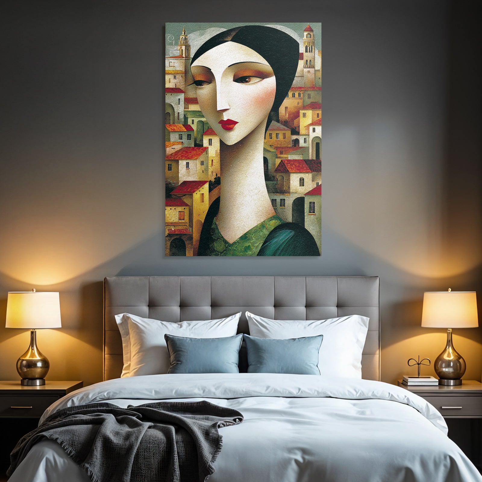 ArtDeco Frau Mit Langem Hals Vor Dorfkulisse