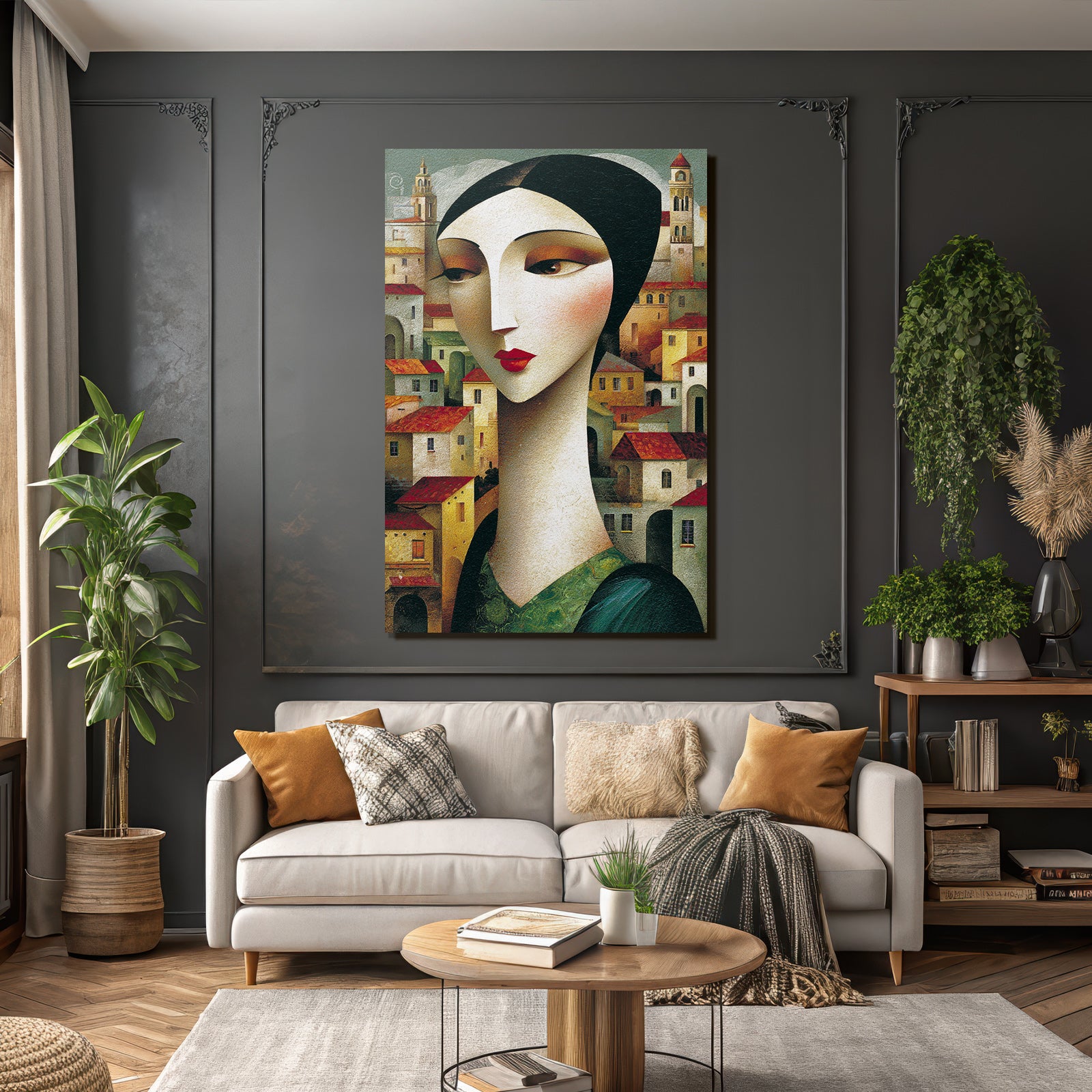 ArtDeco Frau Mit Langem Hals Vor Dorfkulisse