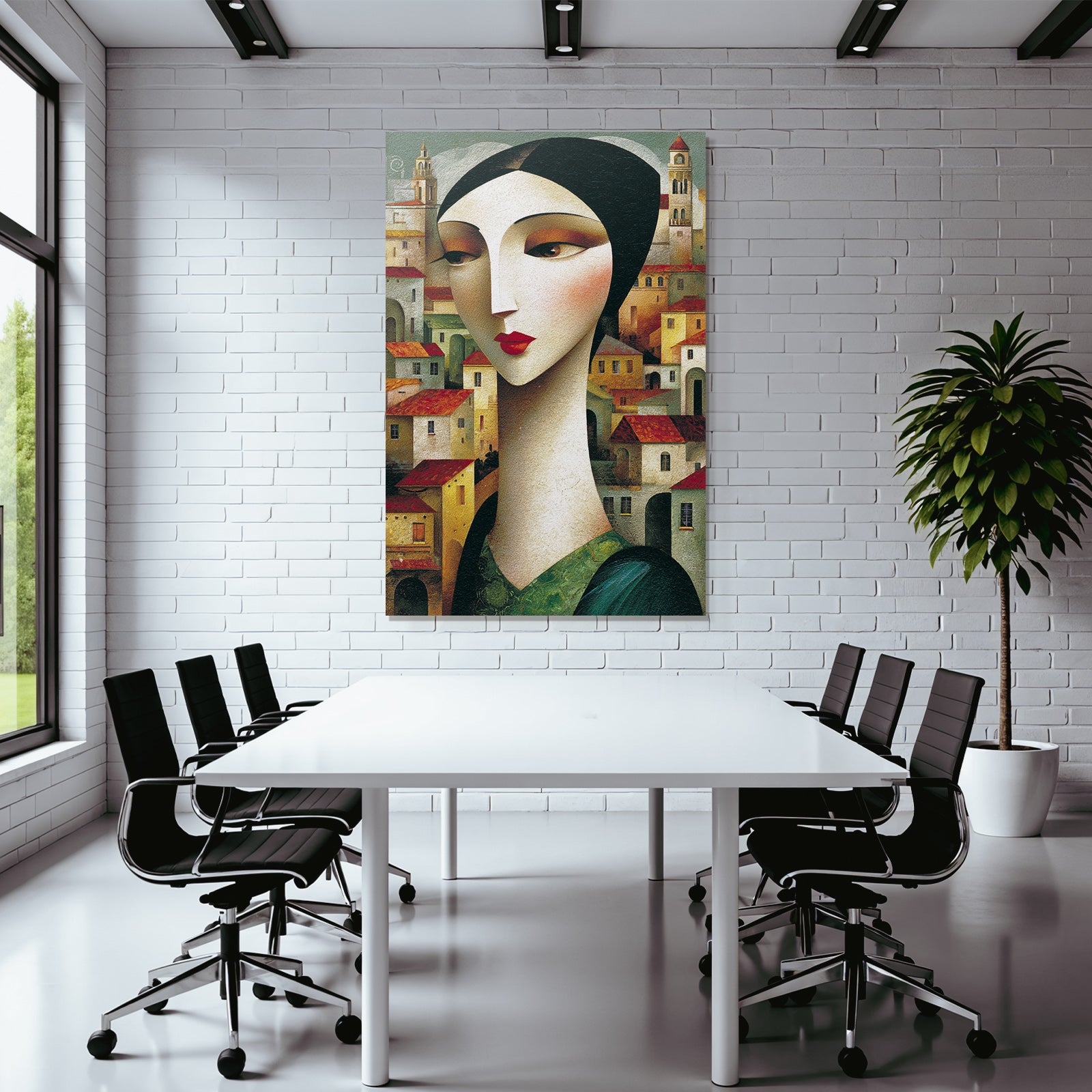 ArtDeco Frau Mit Langem Hals Vor Dorfkulisse